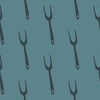 Simple seamless pattern with doodle grill fork ornament. Dark turquoise background. Barbeque print. vector