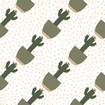 Creative cactus in pot seamless pattern in dodle style. Houseplant cacti backdrop.