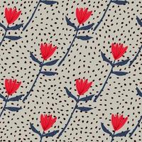 Seamless floral tulip pattern in red and navy blue colors. Grey background with dots. Simple design. vector
