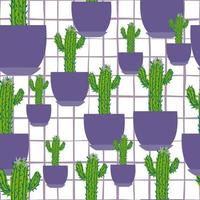 Geometric cactus in pot seamless pattern on stripes background. vector