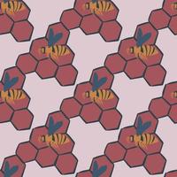 Pale insect seamless pattern with bees and honeycombs. Red ornament on light background. vector