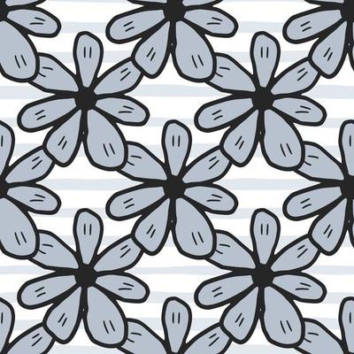 Big gray chamomiles flower seamless pattern on stripe background. Daisies flowers endless wallpaper. Doodle style.