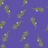 Seamless random pattern with doodle green seahorse silhouettes print. Blue background. Simple design. vector