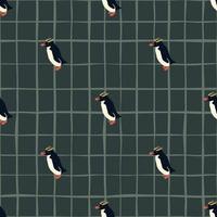 Scrapbook seamless doodle pattern with crested penguins ornament. Blue chequered background. Arctic artwork. vector