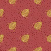 Seamless pattern with stylized hand drawn bugs silhouettes. Ocher insect ornament on maroon dotted background. vector