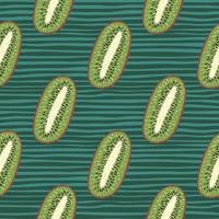 Fresh seamless doodle pattern with kiwi simple silhouettes in green color. Striped background. vector