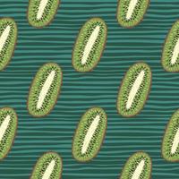 Fresh seamless doodle pattern with kiwi simple silhouettes in green color. Striped background. vector