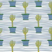 Geometric houseplant cacti wallpaper. Abstract cactus in pot seamless pattern on stripes background. vector