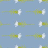 Simple doodle seamless pattern with burdock silhouettes. White buds and green stems on blue background. Floral backdrop. vector