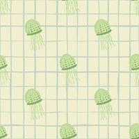 Simple green jellyfish silhouettes seamless sea pattern. Light background with check. Marine artwork. vector