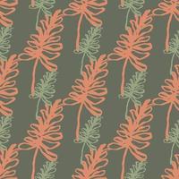 Pastel seamless pattern with outline coral and light green floral branch silhouttes. Dark pale green background. vector