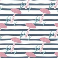 Pink simple mushroom ornament seamless pattern. Background with navy blue and white strips. Nature backdrop. vector