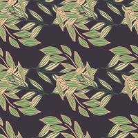 Seamless pattern with contoured green leaf branches ornament. Dark purple background. Simple backdrop. vector