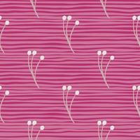 Blossom spring seamless pattern with white contoured berries branches elements. Pink striped background. vector