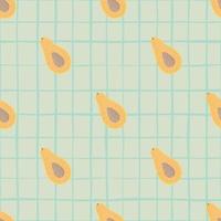 Simple avocado doodle silhouettes seamless pattern. Half fruit orange ornament on grey background with blue check. vector