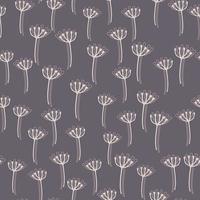 Random white contoured little dandelion seamless pattern. Pastel purple background. Stylized backdrop. vector