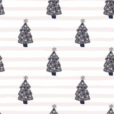 Purple decorative scandinavian tree silhouettes seamless pattern. Light stripped background. Xmas holiday print.