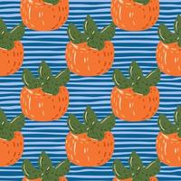 Cartoon seamless doodle pattern with bright orange persimmons. Blue striped background. vector