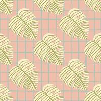 Pastel botanic pattern with light green monstera leaves on pink chequered background. vector
