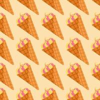 Seamless food pattern with ice cream in waffle cone on beige light background. vector