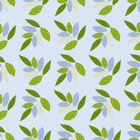 Seamless floral ornament leaves pattern. Green and blue foliage on pastel light background. Spring backdrop. vector