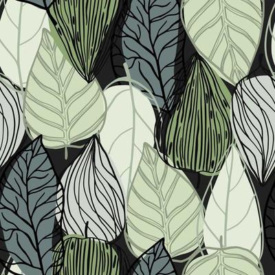 Random seamless pattern with doodle outline leaf shape silhouettes. Pastel tones green, grey and blue foliage on black background.
