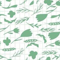 Isolated simple botanic silhouettes seamless pattern. Green branches and flowers on chequered white background. vector