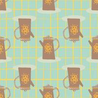 Brown teapots silhouettes seamless pattern. Hand drawn dish elements on tuquoise background with check. vector