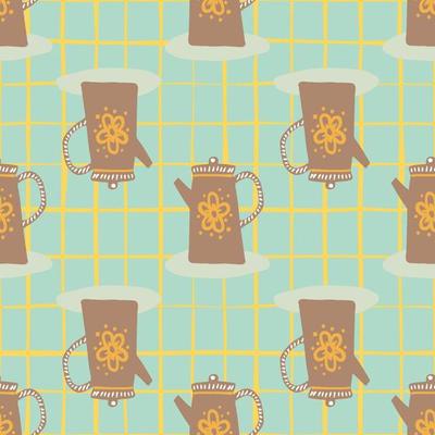 Brown teapots silhouettes seamless pattern. Hand drawn dish elements on tuquoise background with check.