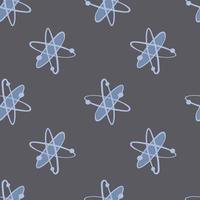 Dark tones chemistry seamless pattern with blue atom silhouettes. Dna formula cartoon print with grey background.