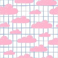 Random cute seamless doodle clouds pattern. Pink weather sky elements on white chequered background. vector