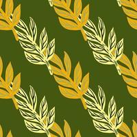 Spring botanic seamless pattern with doodle orange tropic leaves branches silhouettes. Green background. vector