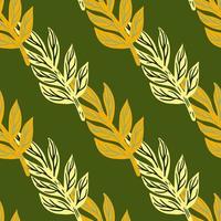 Spring botanic seamless pattern with doodle orange tropic leaves branches silhouettes. Green background. vector