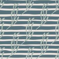 Abstract botanic seamless pattern with hand drawn branches silhouettes. Blue striped background. vector