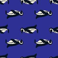 Bright creative zoo seamless pattern with simple penguin silhouettes. Blue background. Doodle backdrop. vector
