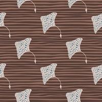 Tropical stingray elements seamless doodle pattern. Grey animal silhouettes on brown striped background. vector