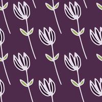 Minimalistic outline tulip flowers seamless pattern with white contour. Dark purple background. Stylized artwork. vector