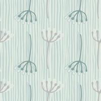 Simple seamless pattern with blue dandelion outline elements and pastel blue background with white lines. vector