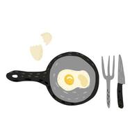 Fried egg in pan with fork,knife and eggshell on white background. Tool cooking in doodle. vector