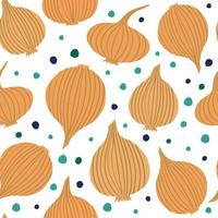 Hand drawn onion bulb vegetable wallpaper. Onion in doodle style seamless pattern on dots background. vector