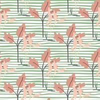 Seamless doodle pattern with pink and coral leaves. Green background with white lines. Creative design. vector