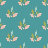 Bright seamless pattern with leaves ornament in pink, green and blue colors. Turquoise background. vector