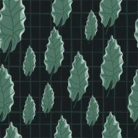 Random green autumn oak leaf silhouettes seamless pattern. Black background with check. vector