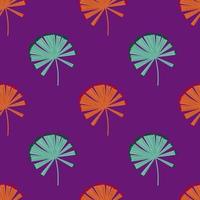 Blue and orange colored palm licuala hand drawn seamless pattern. Purple bright background. vector