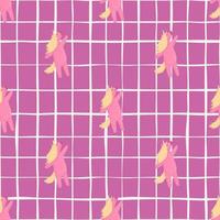 Fantasy kids seamless pattern with simple pink unicorn ornament. Chequered background. vector