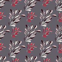 Hand drawn botanical seamless pattern with pink colored leaves foliage print. Dark grey background. vector