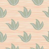 Pale tones seamless pattern with doodle grey contoured leaves foliage bush ornament. Striped background. vector