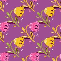 Summer seamless pattern with pink and yellow folk flower silhouettes on bright purple background. vector