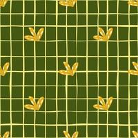 Simple hand drawn style seamless pattern with doodle yellow leaves print. Green olive chequered background. vector