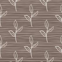 Abstract botanic seamless pattern with contoured leaf branches shapes. Brown striped backround. vector